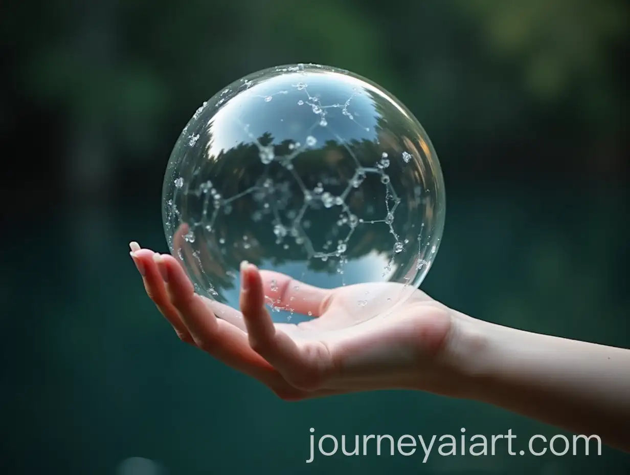 Elegant-Woman-Touching-Bursting-Water-Bubble-with-Hexagon-Shapes