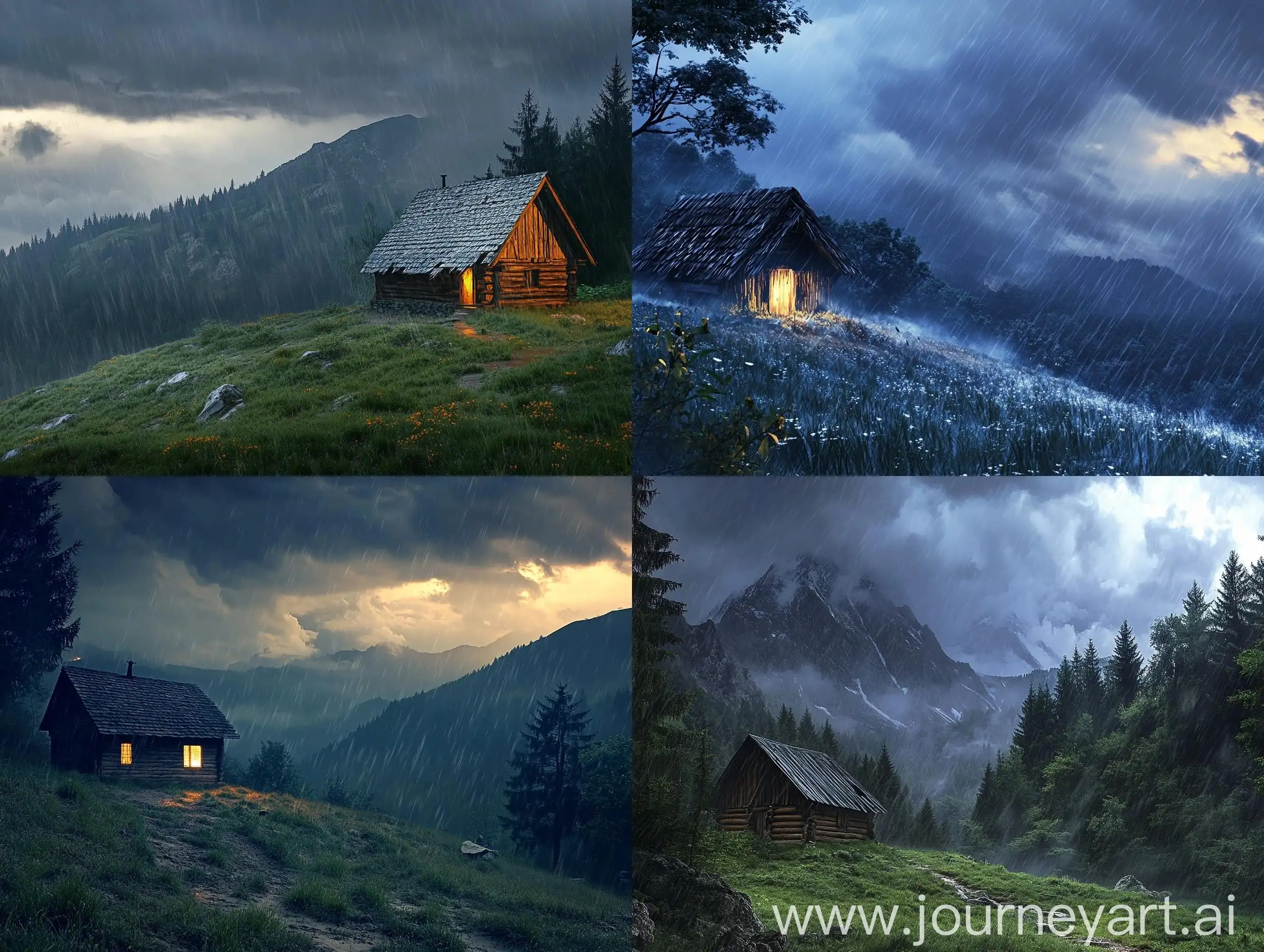 Mountain-Wood-Hut-in-Heavy-Rain-with-Cloudy-Sky