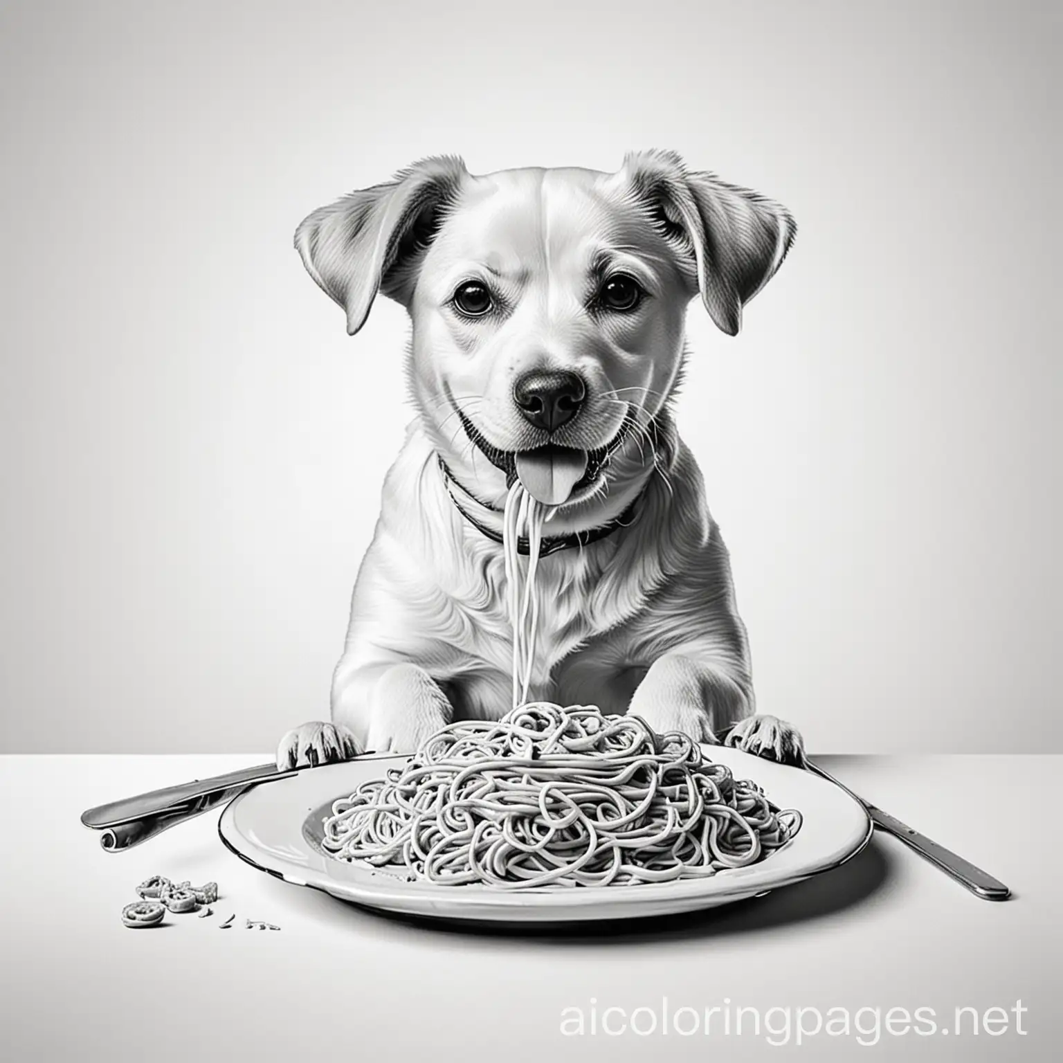 Dog-Eating-Spaghetti-Coloring-Page-Simple-Line-Art-on-White-Background