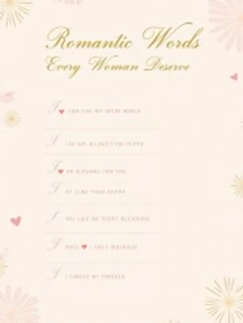 A Pinterest-style vertical design for a romantic quote pin featuring soft pastel colors. The background is a gentle gradient from blush pink to gold, with subtle decorative overlays like small hearts, sparkles, or lace patterns. At the top, elegant script text reads, '6 Romantic Words Every Woman Deserves to Hear.' In the center, a numbered list of six romantic phrases in clean sans-serif font, each accompanied by a small heart icon: nYou complete my entire world.nI am always with you.nYou make me truly happy.nYou are my greatest blessing.nI love you endlessly.nI choose you forever.