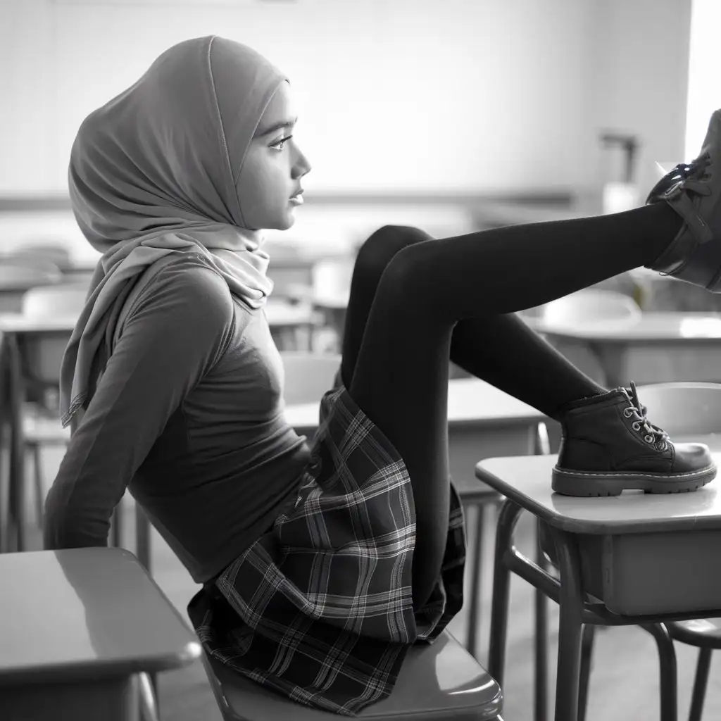 beautiful girl. grade 6 student. wearing hijab, tight shirt, short school skirt, black transparent tights, small winter boots. she crossed her leg on the teacher's desk. side view, in class, sitting elegant, petite. classroom is full of students