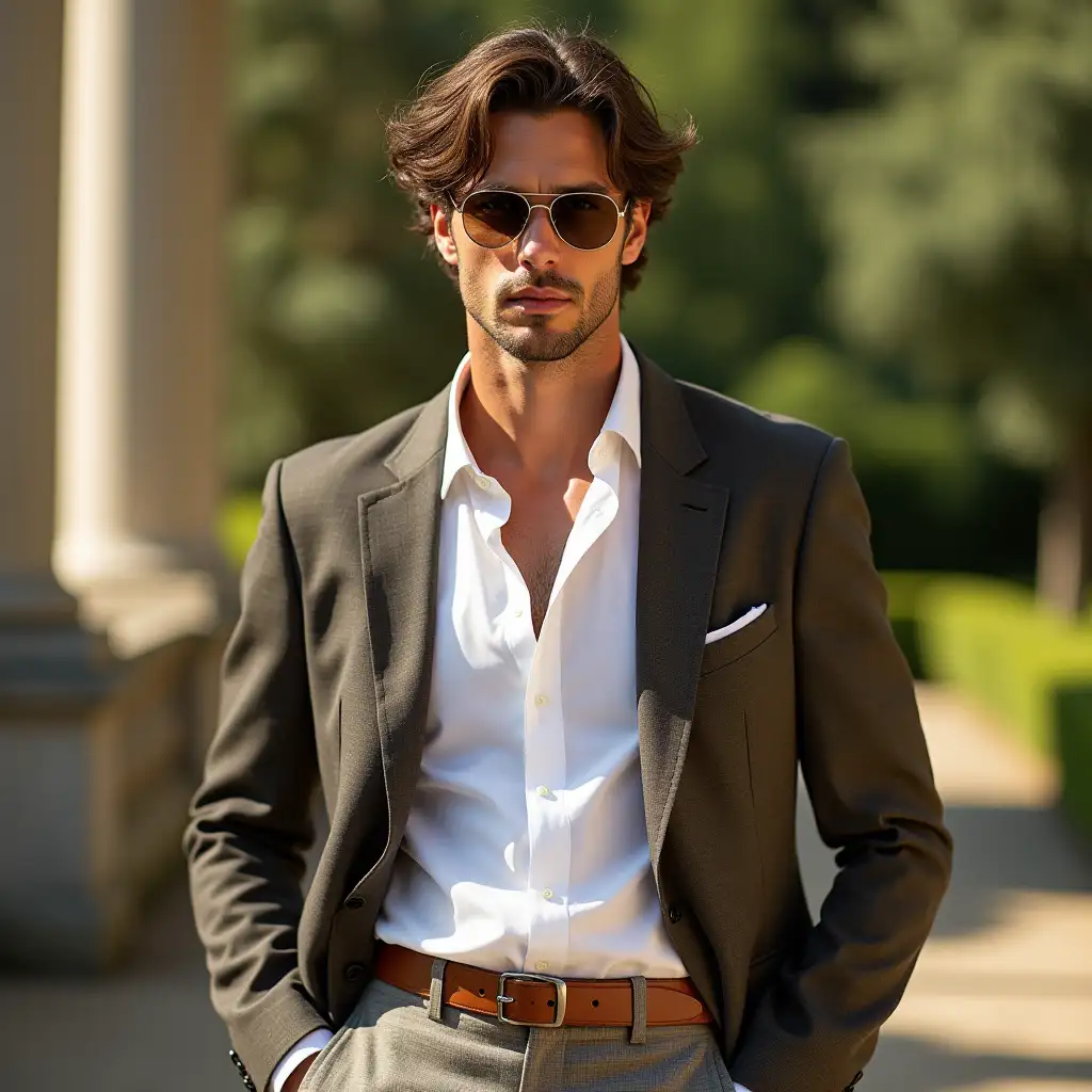 An impeccably styled man embodies the old money aesthetic: Crisp white shirt, tailored blazer, and equestrian-inspired accessories. The backdrop is a sunlit estate, emphasizing natural light and timeless grace. Aim for a high-fashion editorial style with emphasis on refined details and understated luxury.