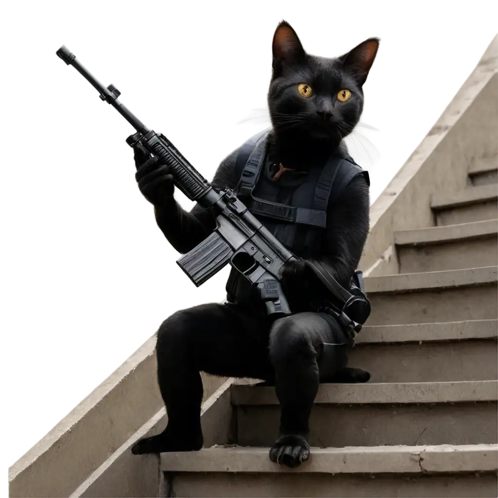 PNG-Image-of-a-Black-Cat-Holding-an-AR15-Rifle-on-a-Staircase-in-a-Favela-Bold-HighQuality-Art-for-Diverse-Uses