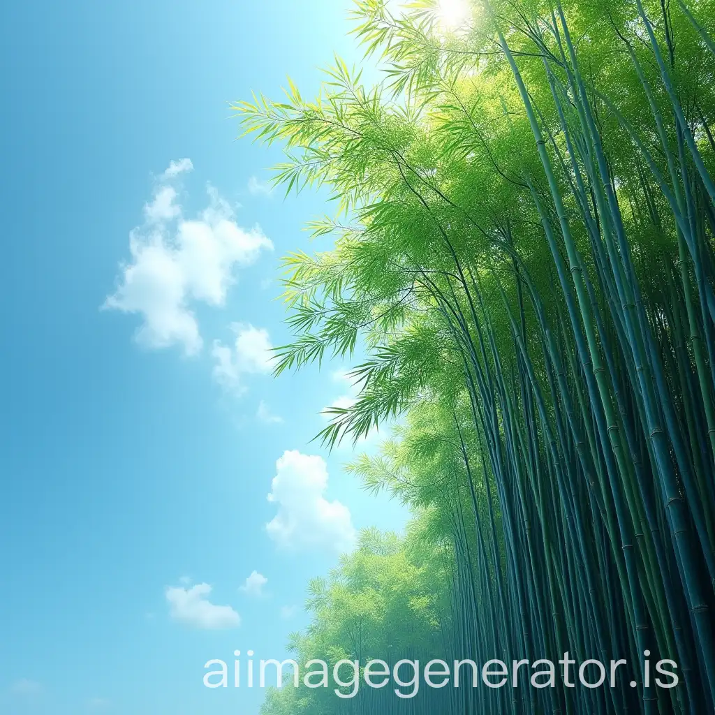 A bamboo forest under the blue sky, with blue sky on the left and bamboos on the right