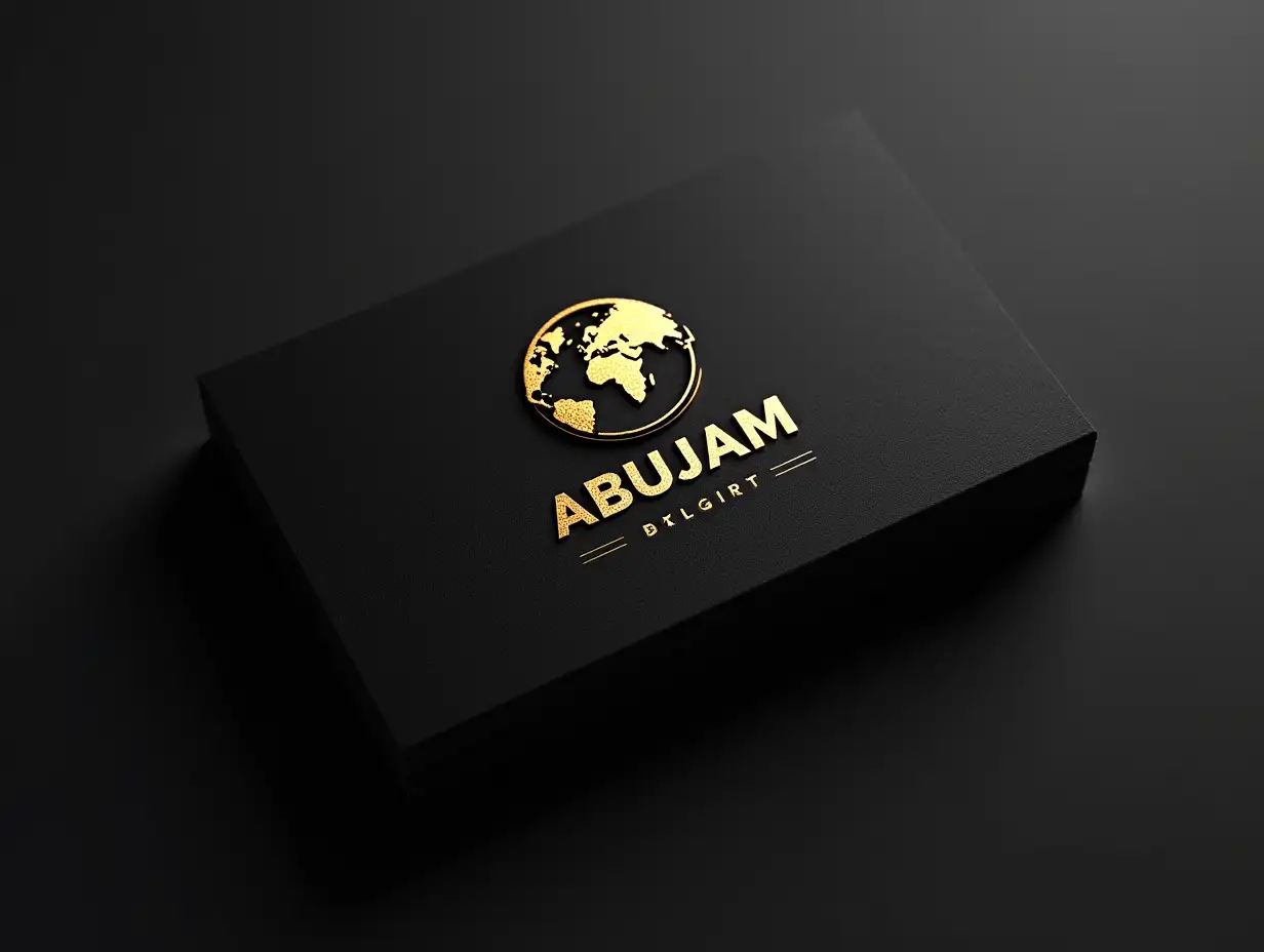 Make a business card, Valvate black background,  A logo written [ ABUJAM ] in glittering golden color, an earth map structure