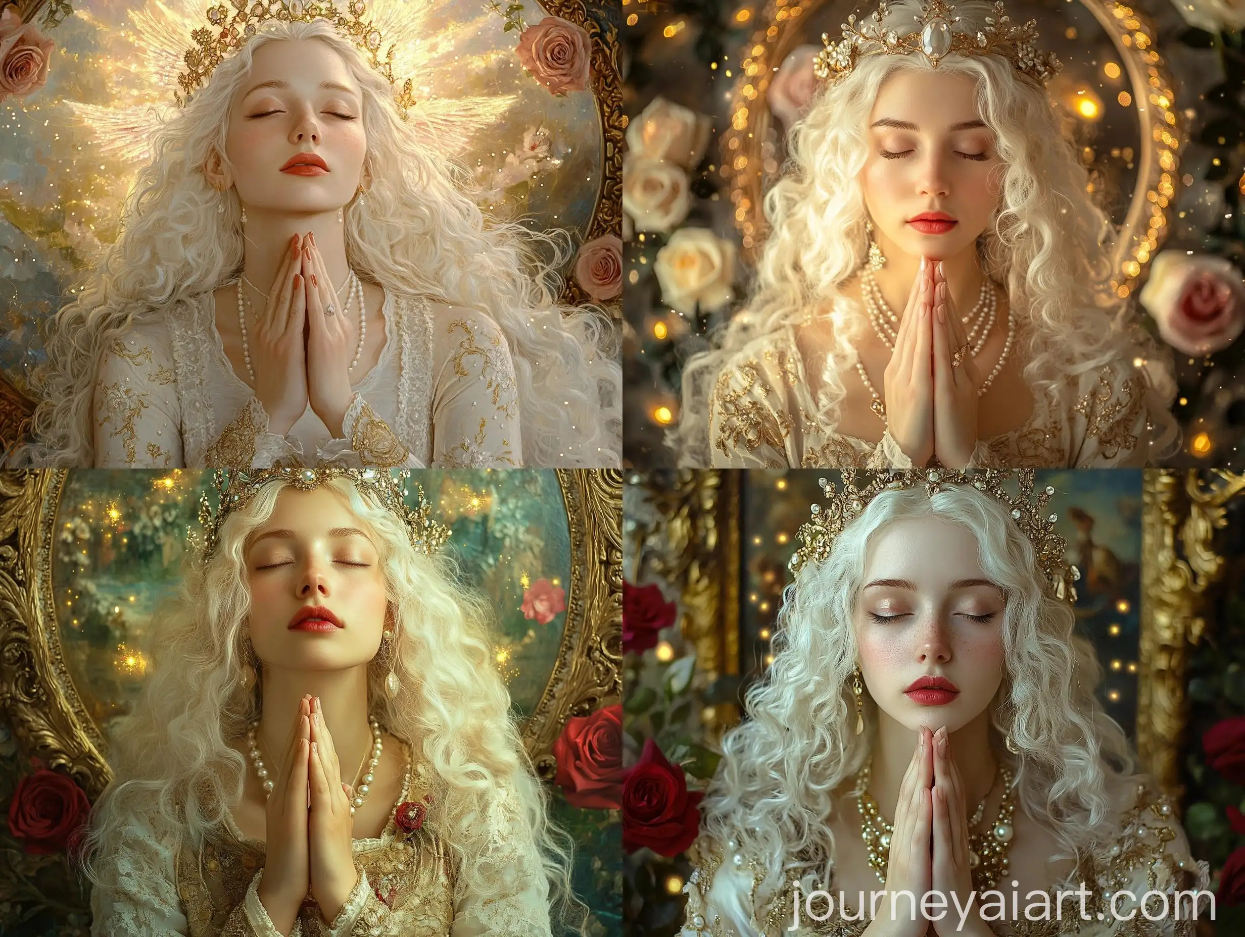 Medieval-Woman-in-Prayer-with-Fireflies-and-Roses