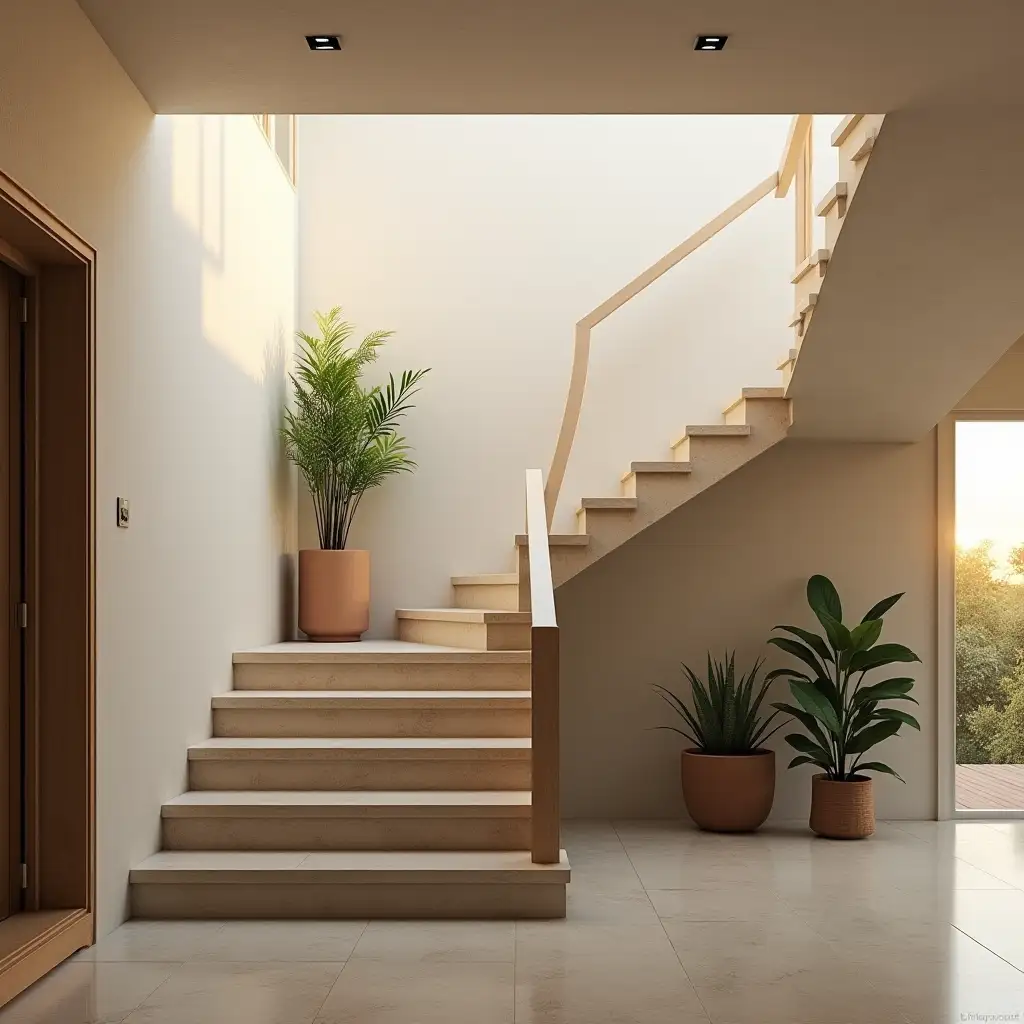 Modern-Staircase-with-Neutral-Walls-and-Sunset-Light