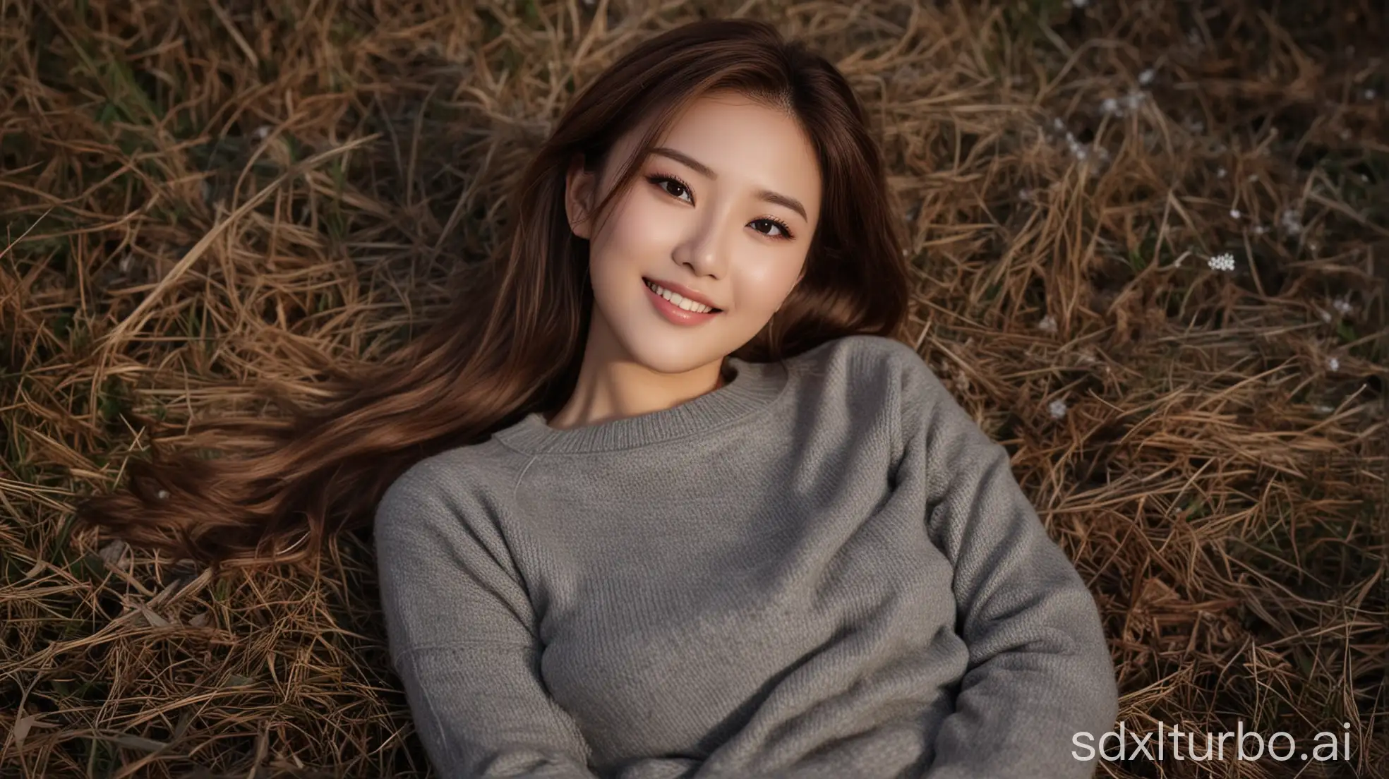 Chinese-Beauty-with-Sweet-Smile-in-Winter-Night-Lying-on-Prairie