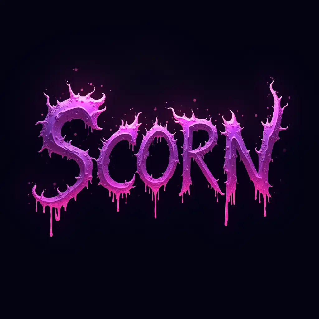 Design an intense, alien-inspired typography for the word “Scorn”, themed around a purple symbiote. The letters should appear as if they are organically formed—twisting, spiking, and oozing with a semi-liquid texture. Use a rich purple base (#502781) with glowing magenta or violet highlights pulsing along the edges to mimic living symbiotic energy. The style should feel aggressive yet sleek, with tendrils or fractured shapes extending from the text. Add faint, eerie glows or energy pulses behind the text to give a sense of depth and danger. The overall look should scream power, mutation, and instability, fitting for a symbiote like Scorn.