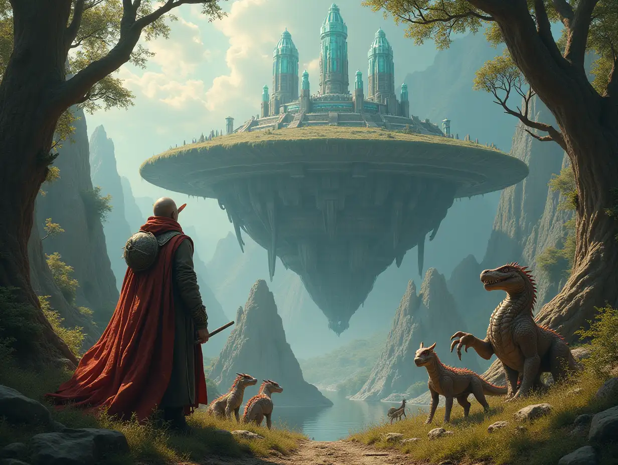 Ultra-detailed lifelike reproduction of a Multiverse time traveler with various strange creatures with futuristic glass towers, dragons in front of a meticulously detailed, wooded alien planet