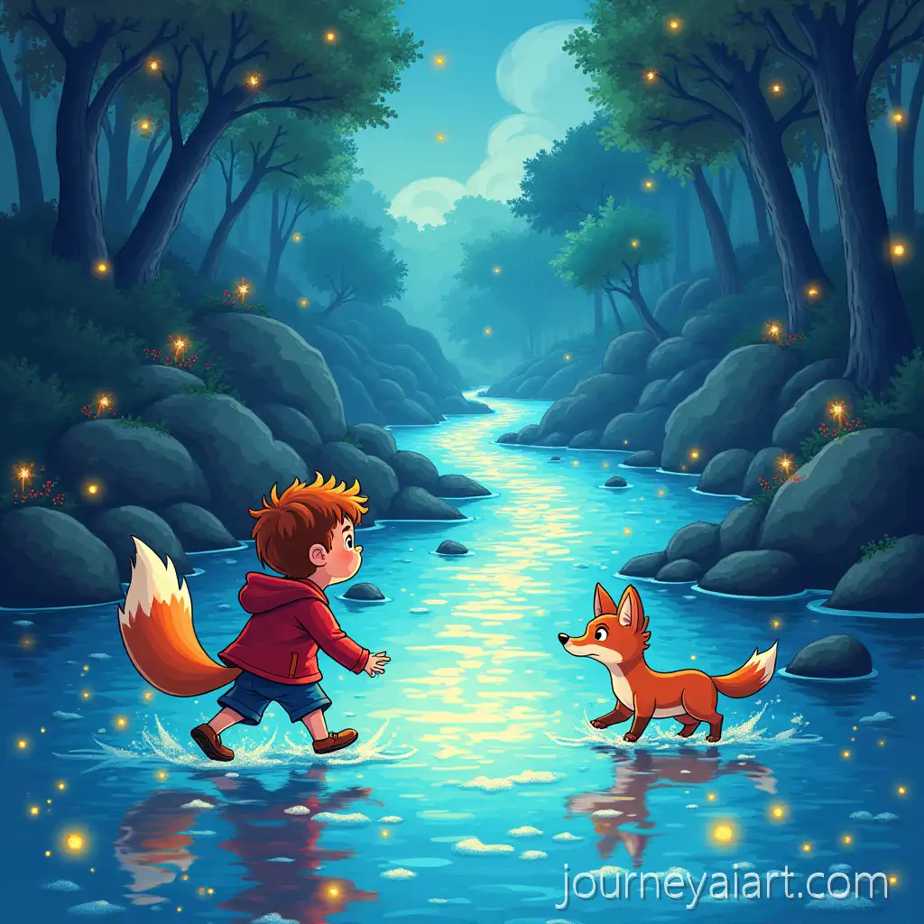 Liam-and-FLiam-Crossing-Glowing-Riverira-Crossing-a-Magical-Sparkling-River-in-a-Whimsical-Cartoon-Adventure