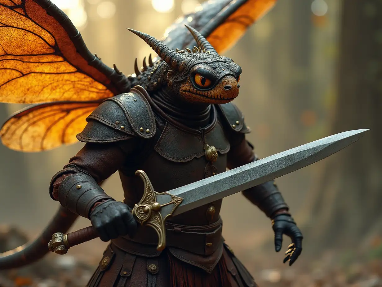 Dragonfly with leather armor and sword in battle