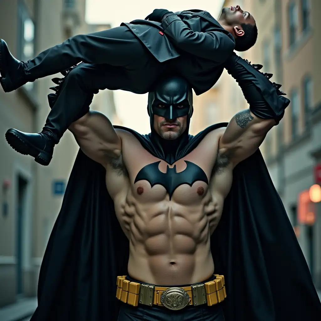 Muscular Batman Tossing Criminal Overhead in Action Scene