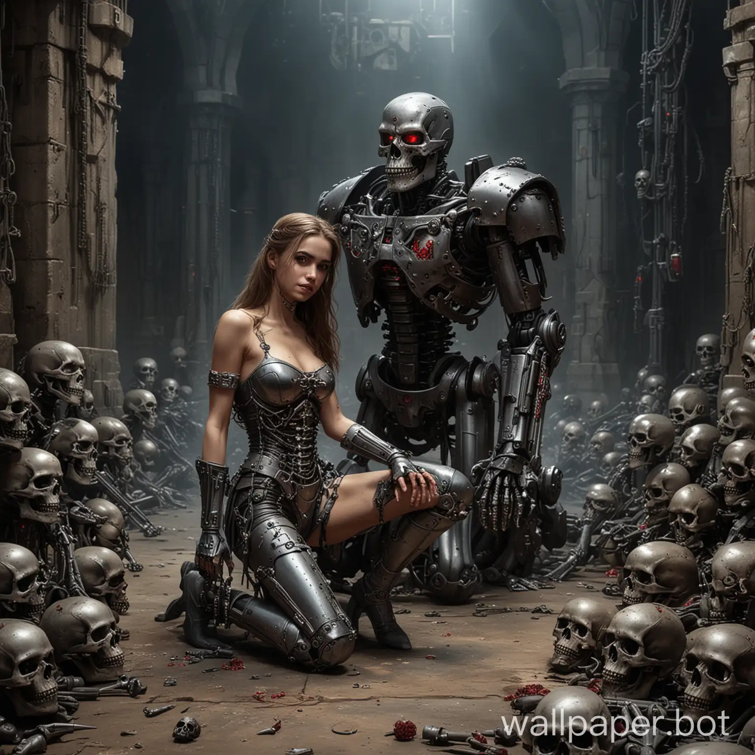 Princess-Kneeling-by-Terminator-in-Dungeon-with-Skulls