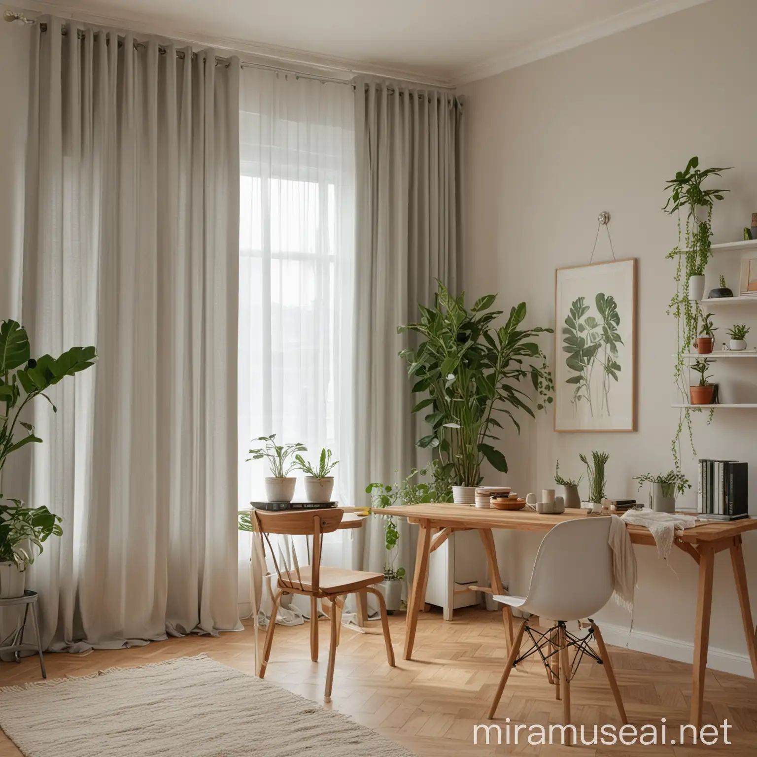 Cozy Living Room with Curtains Table Chair and Plant