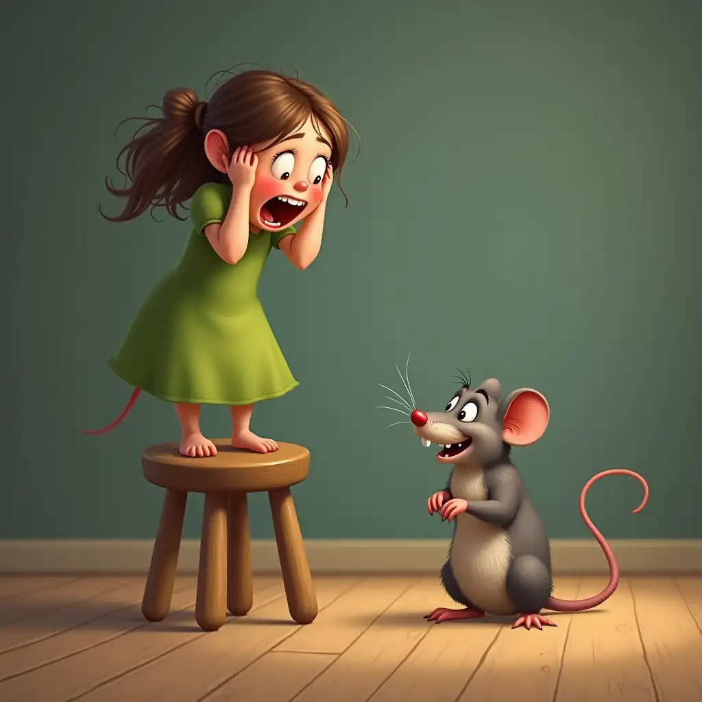 On a stool stands a sweet frightened adult girl in a green dress and squeals, covering her head with her hands, while looking at a mouse, on the floor sits a mouse with a content smile and a predatory grin