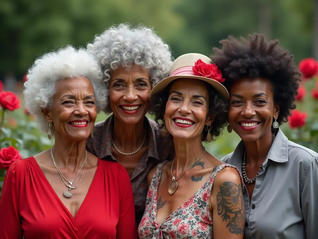 Four 70-year-old black women, with , gray and white Afrolook hair, wear a blouse in red and gray, a chic face, tattoos, with a retro mini hat with flowers, red lipstick that emphasizes their smile, modern jewelry and more, in a park with many roses Grusel 8k quality