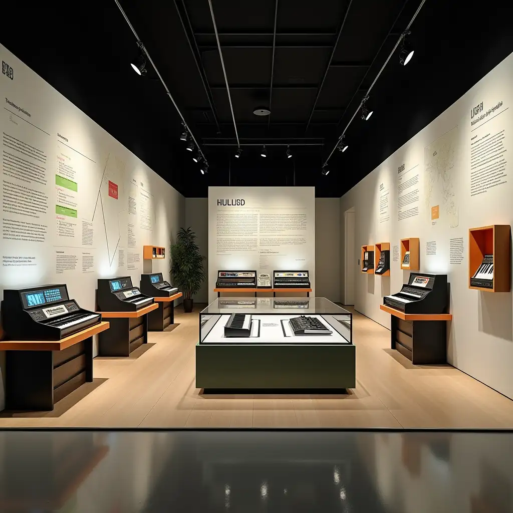 A conceptual design of a small museum exhibition dedicated to Polish electronic organs on a 50 square meter space. The layout includes four zones: 1) an introductory area with a timeline and diagrams on the walls, 2) display cases with iconic models of Polish electronic organs like Eltra B-11 and Unitra B-2, accompanied by touchscreens providing historical information and sound samples, 3) an interactive area with digital keyboards and headphones for visitors to simulate organ sounds, and 4) a future-focused zone with a short film playing on a large screen and an audio installation blending organ sounds with modern samples. The design style is minimalist with retro accents from the Polish People's Republic era, featuring black-and-white backgrounds and orange and green highlights. The lighting is subtle, with illuminated display cases and soft spotlights on key exhibits. Białe ściany