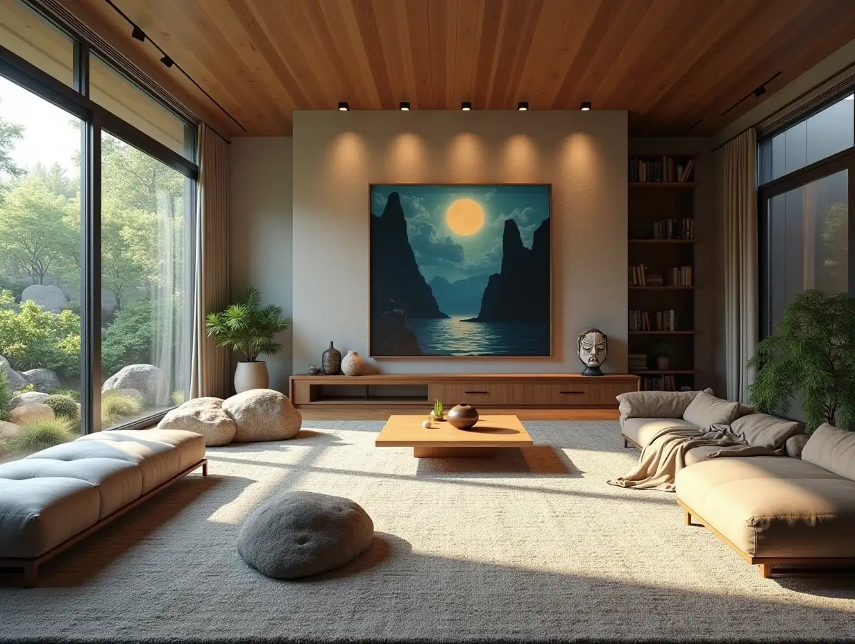 Large modern living room with Pinocchio statues.with with Attack on Titan picture on the wall Zen-Garden with carefully tended rocks, a meditative 180 degree panoramic shot 8K resolution Vibrant Colors