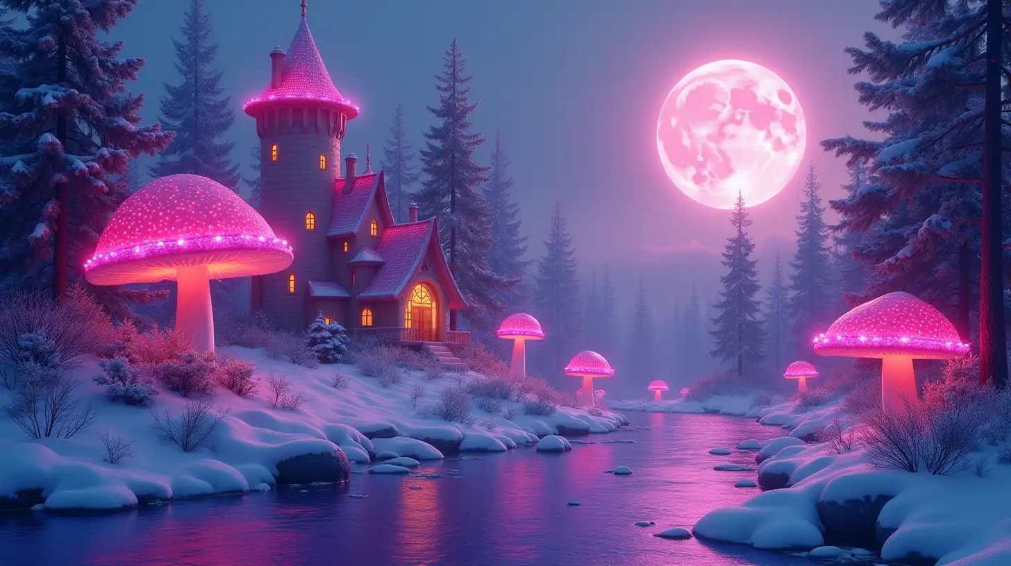 Bright Fairy tale magical forest of periwinkle-white-yellow. Glowing-luminescent-towering-Castle. Bright, pink Mushrooms surrounding a purple moat of water and a purple river surrounded by bright snow covered evergreens and fairy tale glowing magenta giant mushrooms. Daytime-Bright Moon glowing on mushroom-house