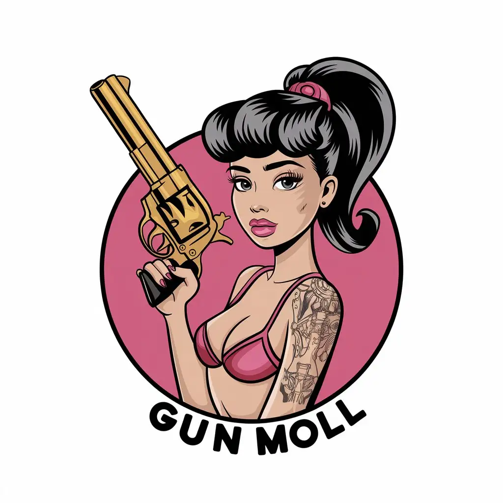 LOGO-Design-for-Gun-Moll-Young-Slavic-Girl-with-Classic-Gold-Peacemaker-Revolver-Theme