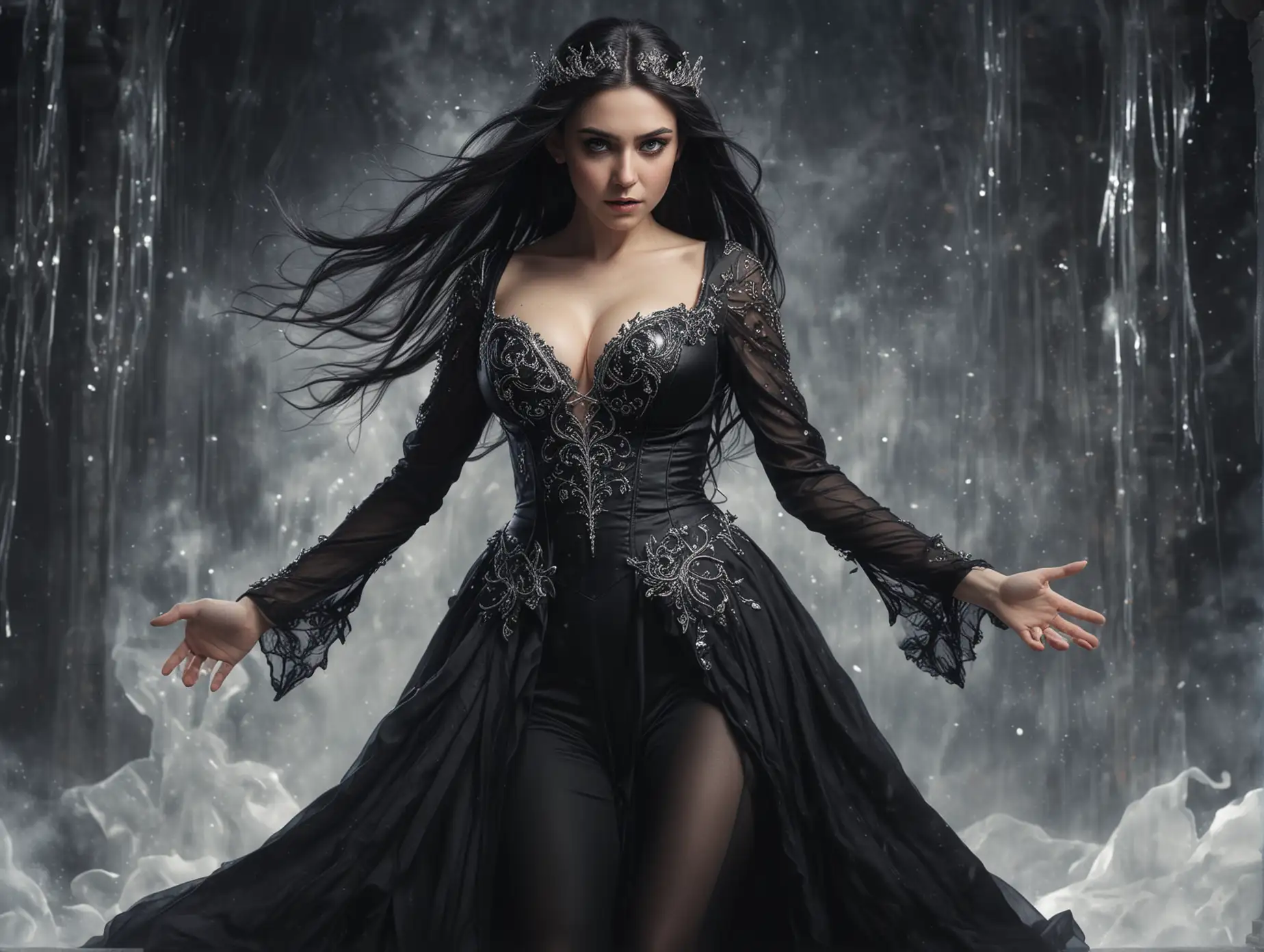 (Masterpiece, Top Quality, Best, Official Art, Beautiful and Aesthetic, Long Exposure: 1.2), Smooth Movement, Charming Patterns, elves sexy womans, (long beautiful wedding black dress with Sleeves: 1.4), (((black Clothes) )), Lower body close-up, lower body, blush, (black ultra long hair: 1.4), black lob hair, blue eyes, (angry smile: 1.4), portrait, solo, (hands up: 1.4), (big breasts: 1.6), (sexy angry elves woman: 1.3), looking at the observer, (black tights: 1.4), detailed background, detailed beautiful angry face, black shoes, (crystallineAI, crystalline theme: 1.1), elemental wind elves, rotation Wind, control the wind, white crystal clothing, fighting pose, floating particles, ethereal dynamics, whirlwind, vapor, whirlwind in the background, white tone, whirlwind, ethereal atmosphere,