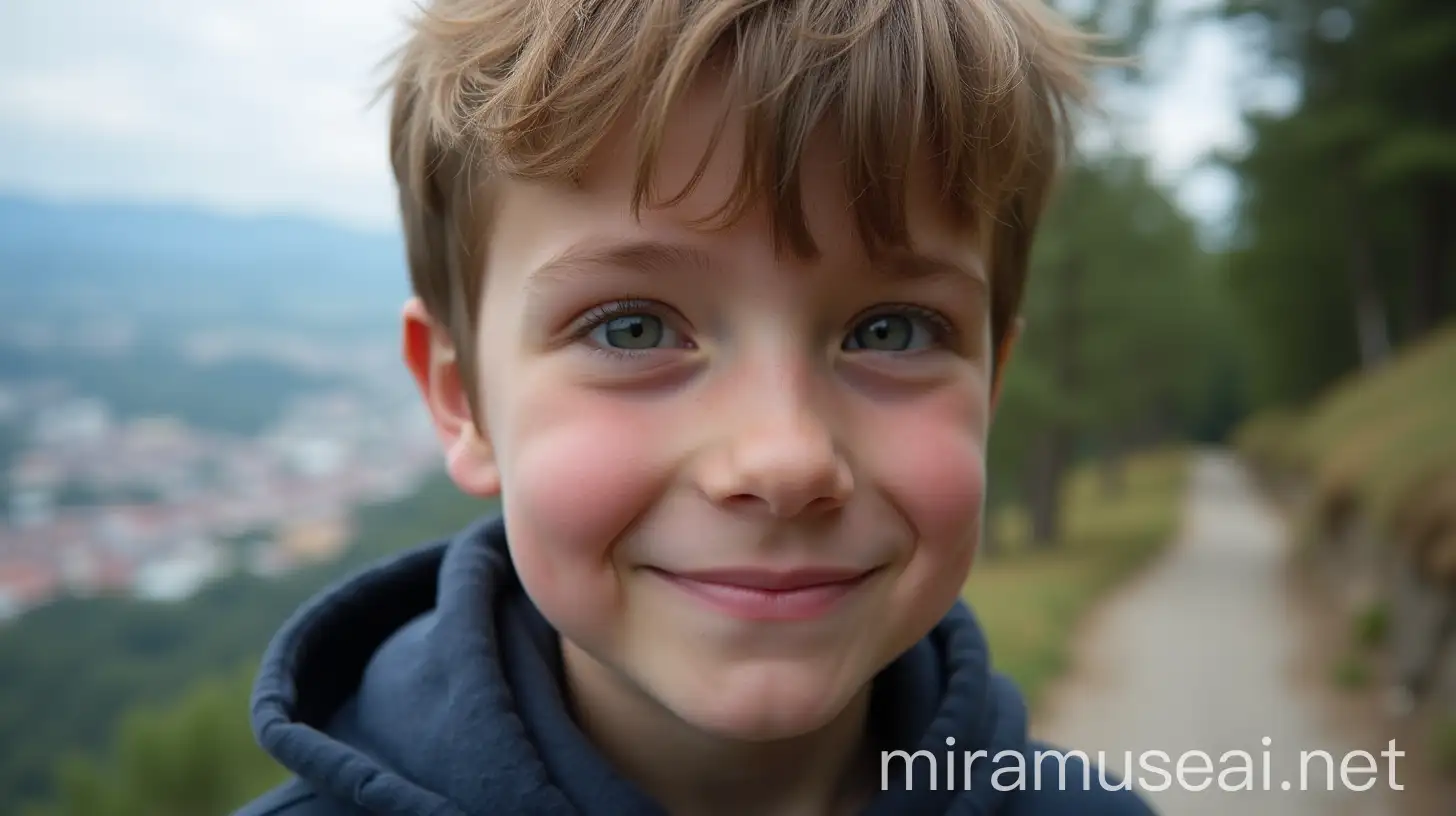 Curious 10YearOld Boys Gaze Amidst Urban and Mountain Sandscapes