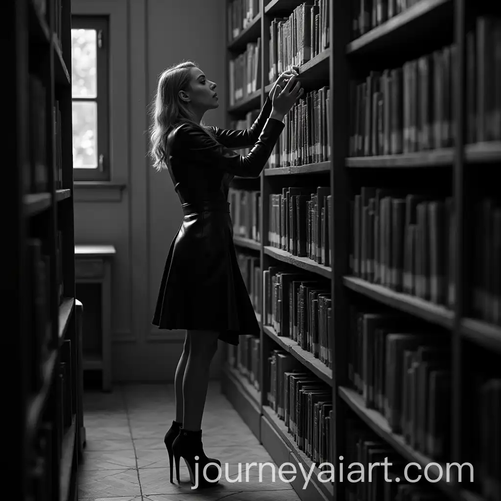 Surprised-Woman-in-Leather-High-Heels-Searching-for-Book-in-an-Old-Library