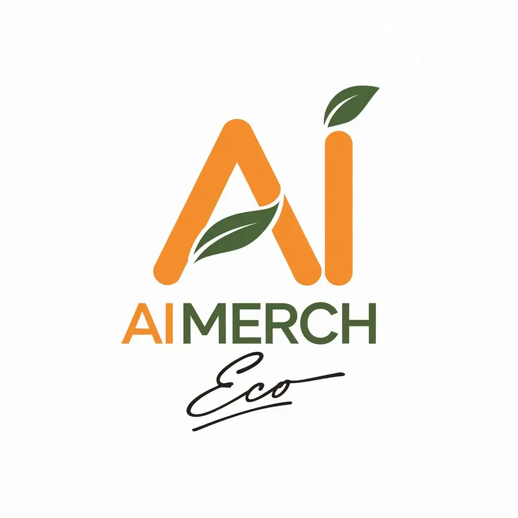 LOGO Design for Ai Merch Green and Orange with AI Symbol and Eco Leaflet Theme