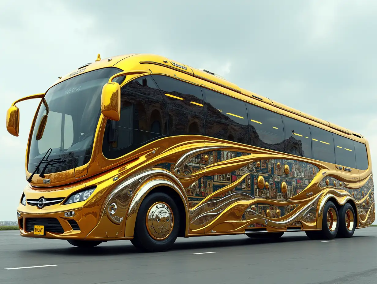 A super modern bus with a ten-story high gold and silver building with crome wheels Cyberpunk