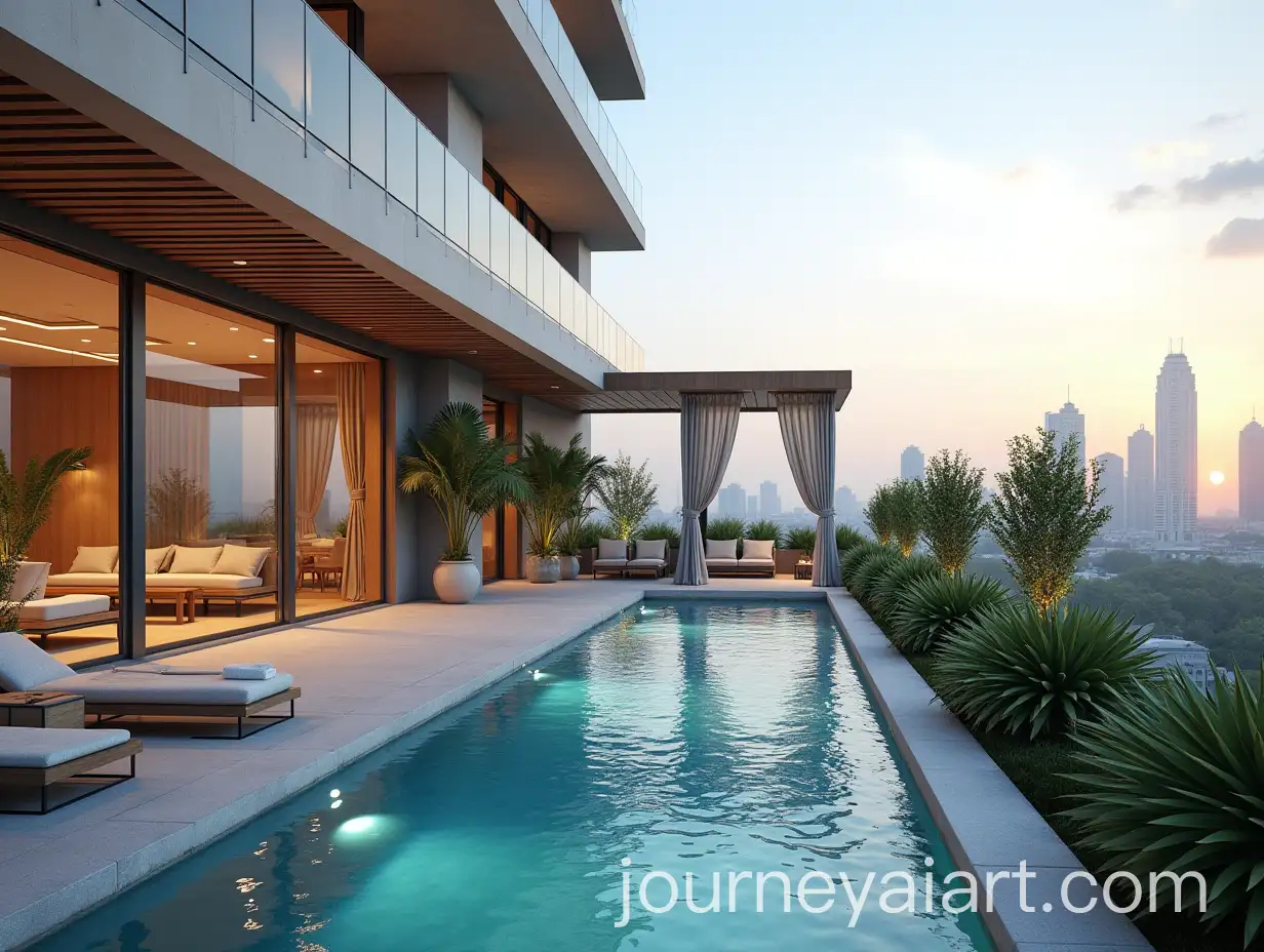 Rooftop-Amenities-in-Dubai-Residential-Complex-Yoga-Family-Area-and-Pool-with-Cabanas