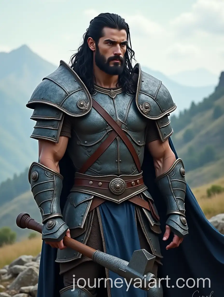 Handsome-Barbarian-Warrior-with-WarHammer-in-Battle-Stance-on-Rolling-Hills