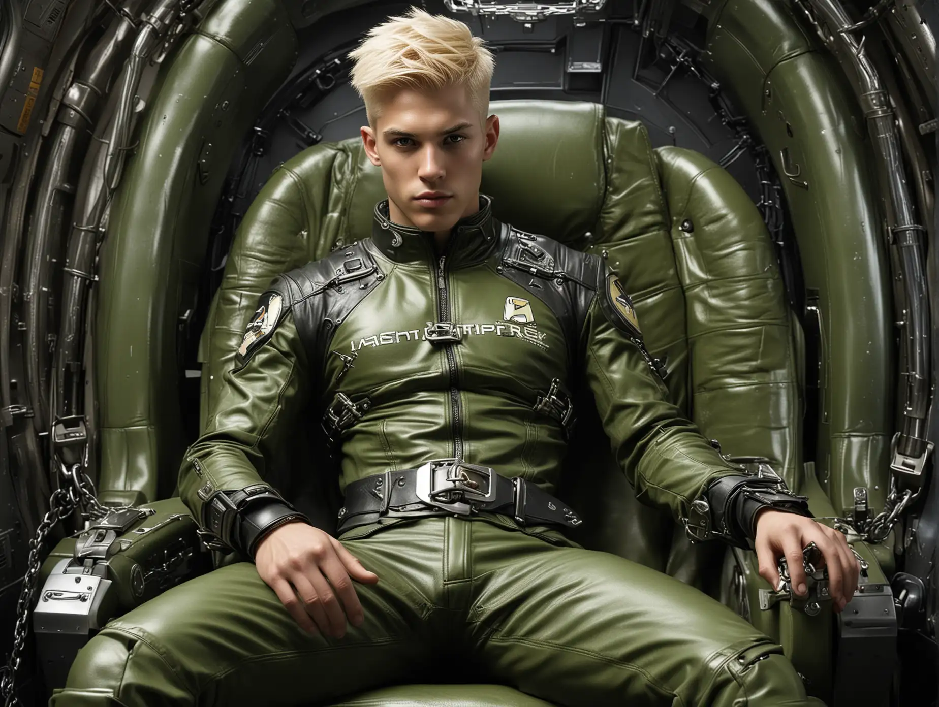 Image of muscular Young man, with bleached blonde hair, in tight form enhancing olive-green leather space cadet uniform, chains and buckles details, enhancing groin bulge, futuristic logo on chest,  harnessed to a black-leather reclined seat,  inside of a spacecraft in a cyberpunk world,