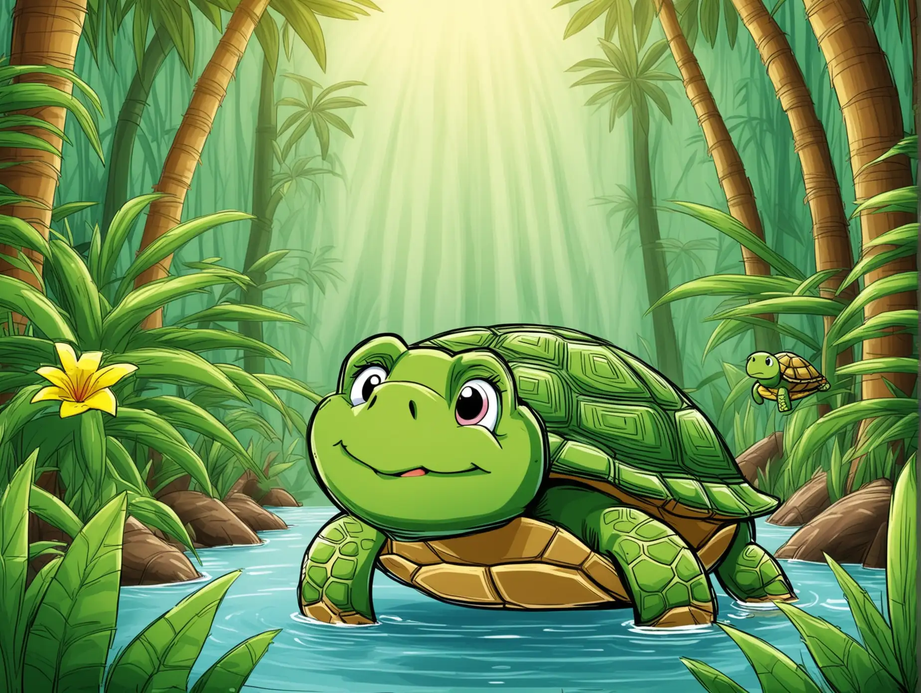 Cartoon Turtle Exploring the Jungle