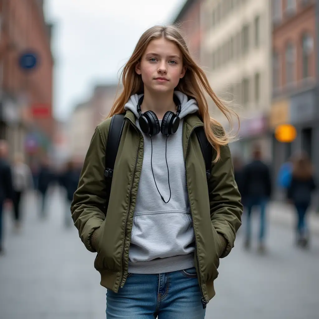 a teenage girl, 15 years old is walking down the street in a scandinavian city. she is wearing jeans, a grey hoodie and a army green bomber jacket. she is wearing Headphones around her neck. she looks confident at the viewer