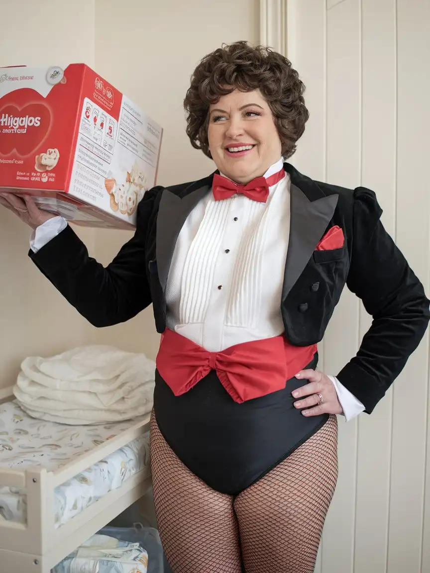 Smiling-MiddleAged-Woman-in-Formal-Tuxedo-Holding-Huggies-in-Nursery