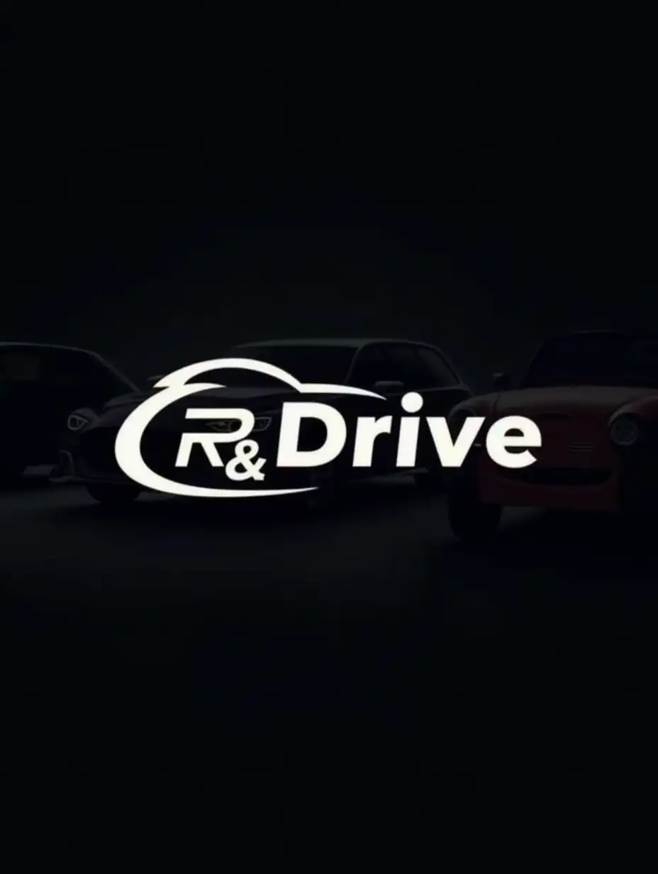 Logotype of the company in the center of the picture, large letters. R&Drive. Dark background. Car theme.