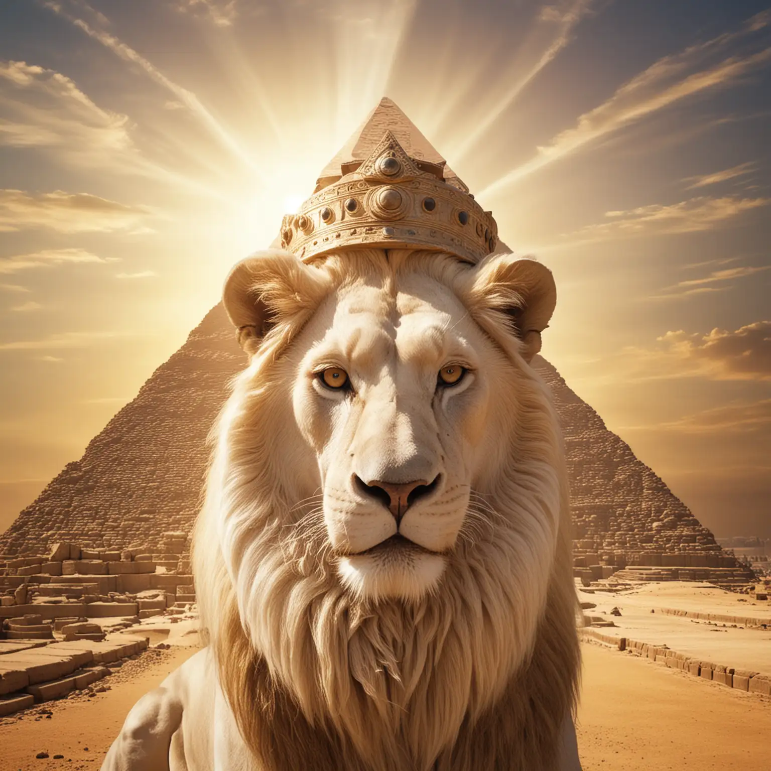 Fantasy White Lion with Crown at Giza Pyramid under Midday Sun