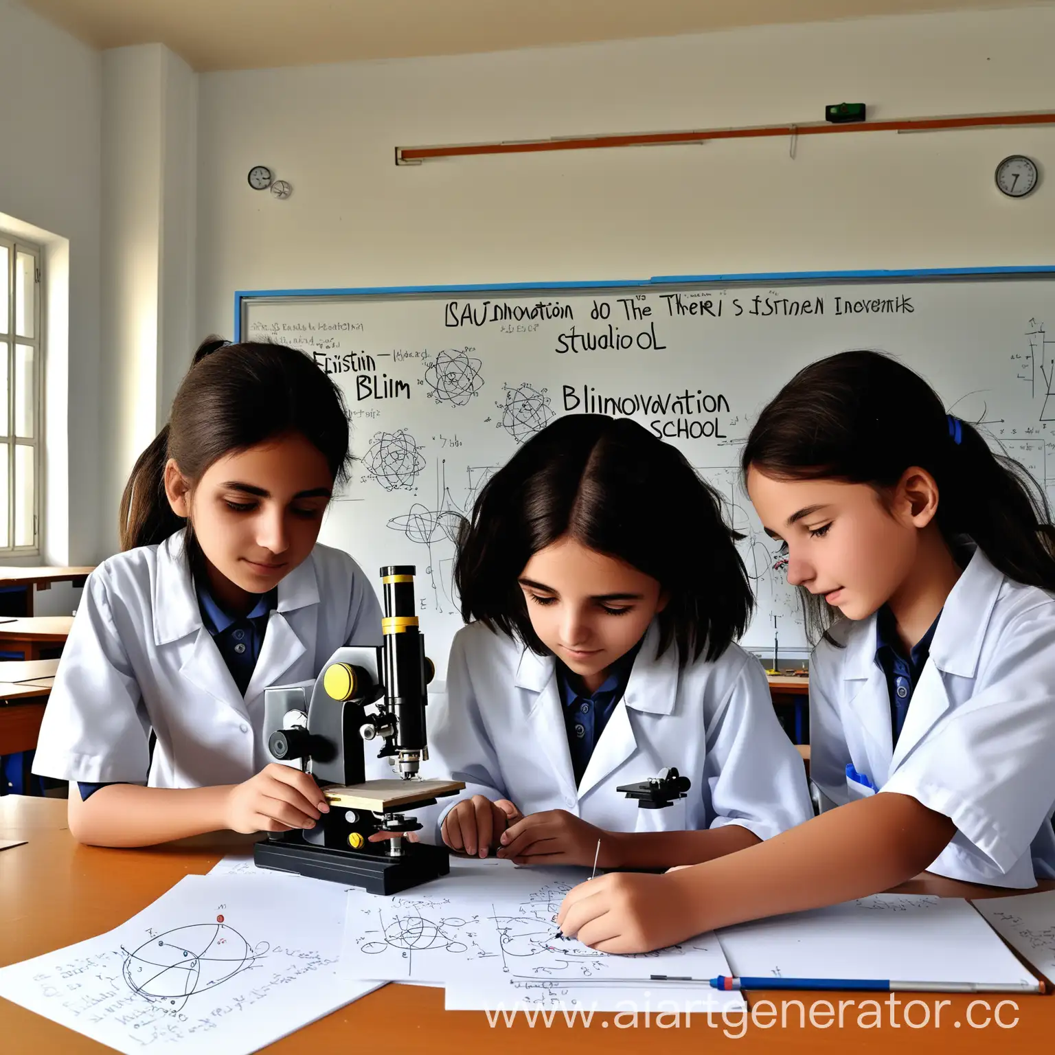 Albert-Einstein-Teaching-Physics-to-Eight-Girls-at-Bilim-Innovation-School