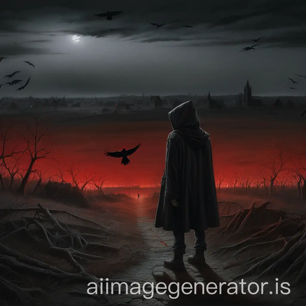 Boy-with-Glowing-Red-Eye-in-DesAI-Art-Prompt-Expansionolate-Landscape-with-Crows-and-Mist