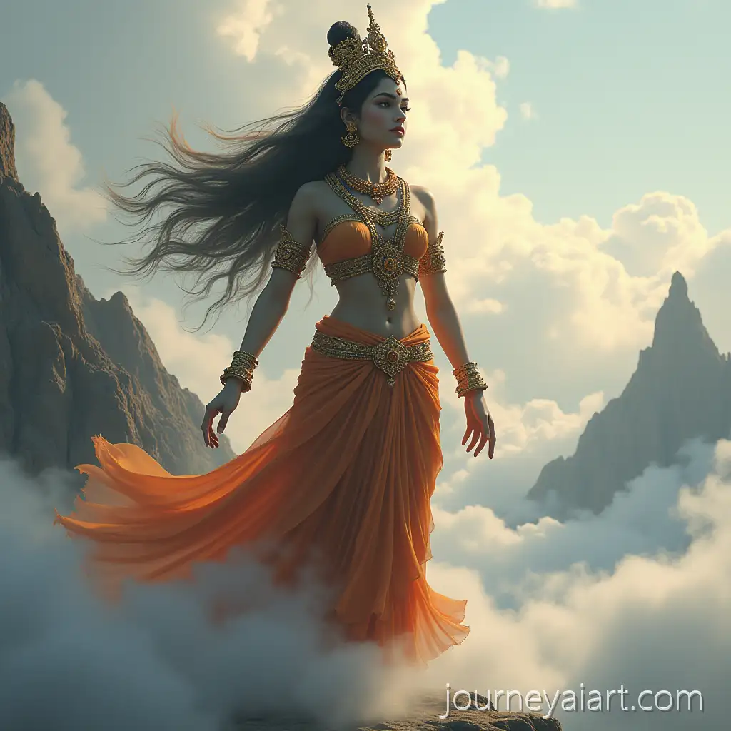 Goddess-Mahishasura-Mardini-Standing-on-Clouds-with-Mountains-in-Background-Wearing-Elegant-Saree
