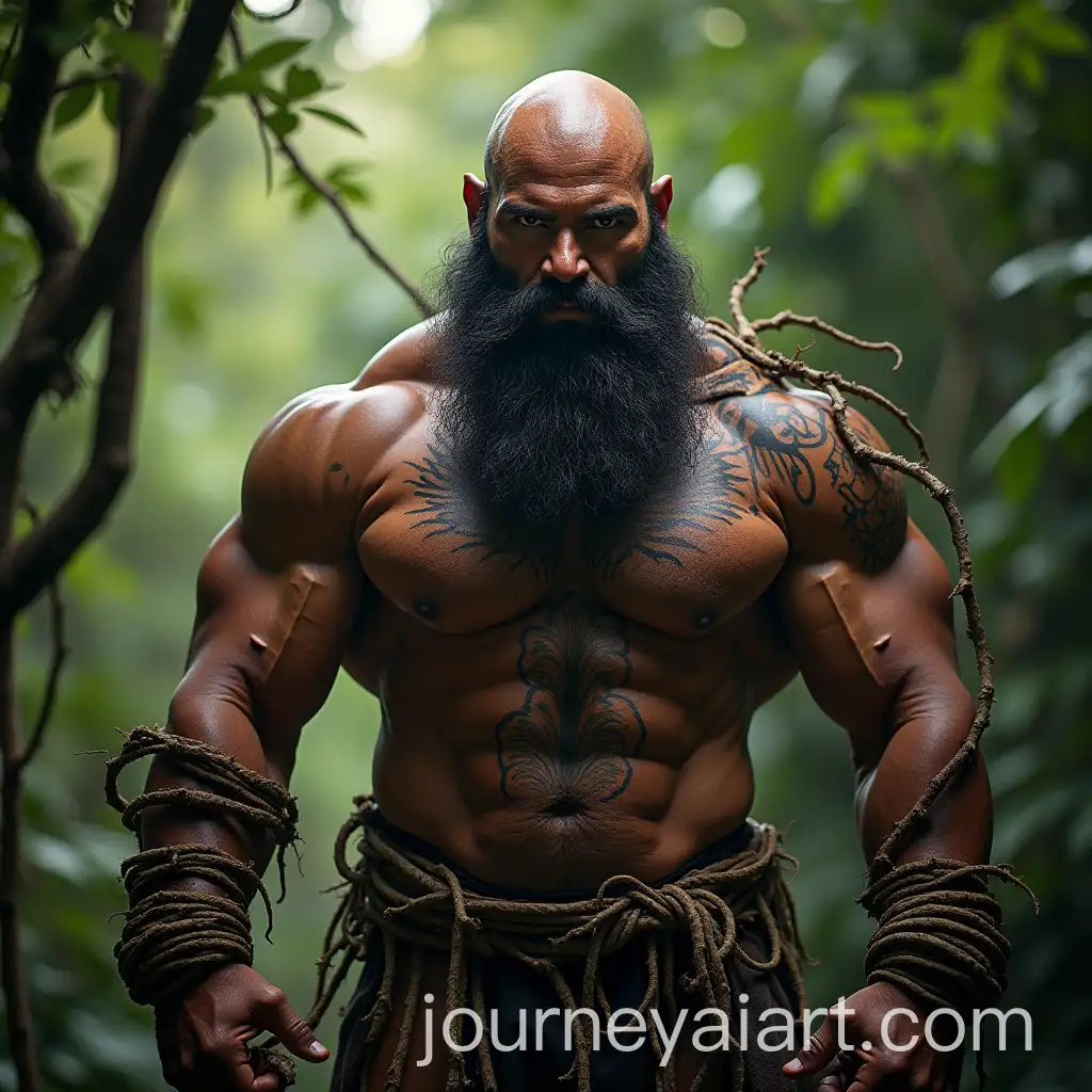 Bald-Bearded-Colossus-Warrior-Training-in-Jungle-with-Tribal-Tattoos