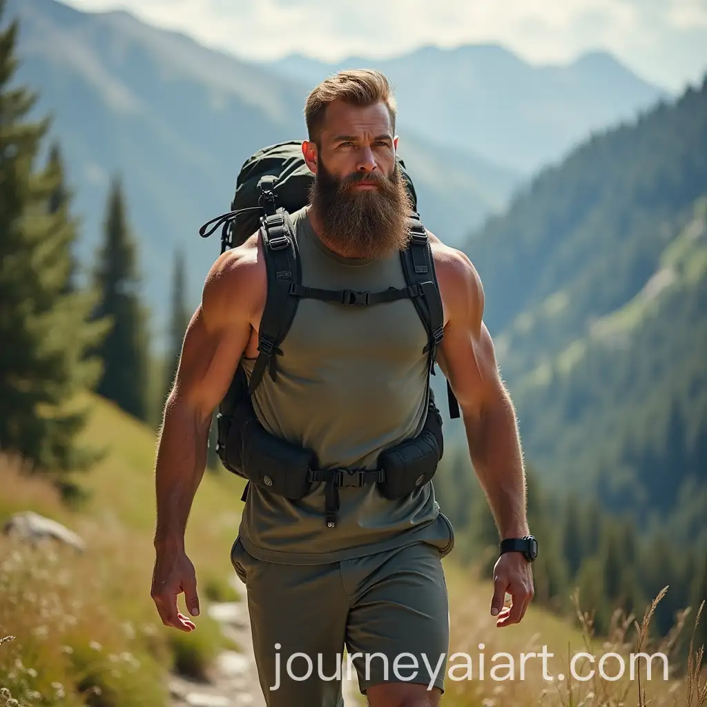 Muscular-Bearded-Man-Hiking-Through-Scenic-Landscape