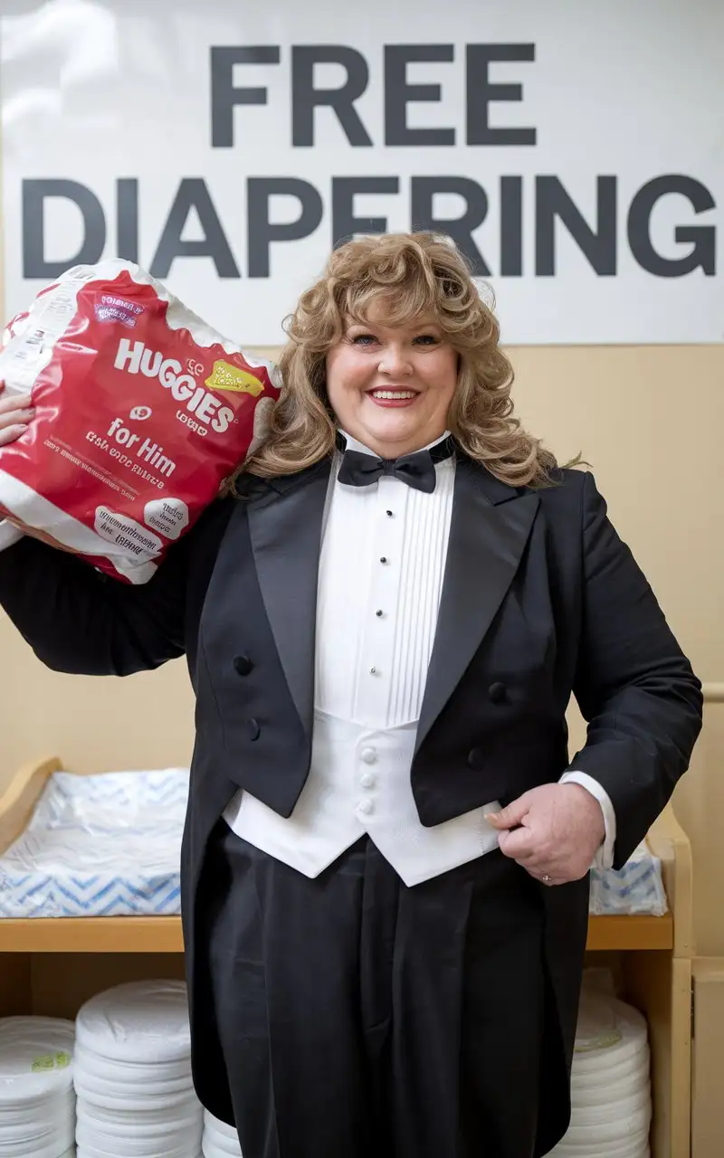 MiddleAged-Woman-in-Tuxedo-Holding-Diapers-at-Nursery-with-FREE-DIAPERING-Sign