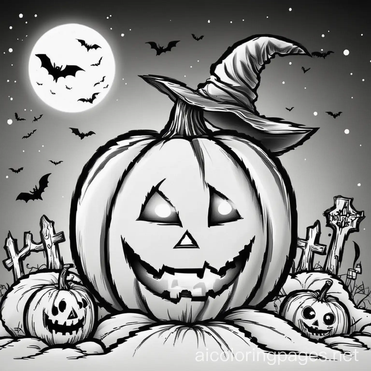 halloween coloring pages for kids, Coloring Page, black and white, line art, white background, Simplicity, Ample White Space. The background of the coloring page is plain white to make it easy for young children to color within the lines. The outlines of all the subjects are easy to distinguish, making it simple for kids to color without too much difficulty