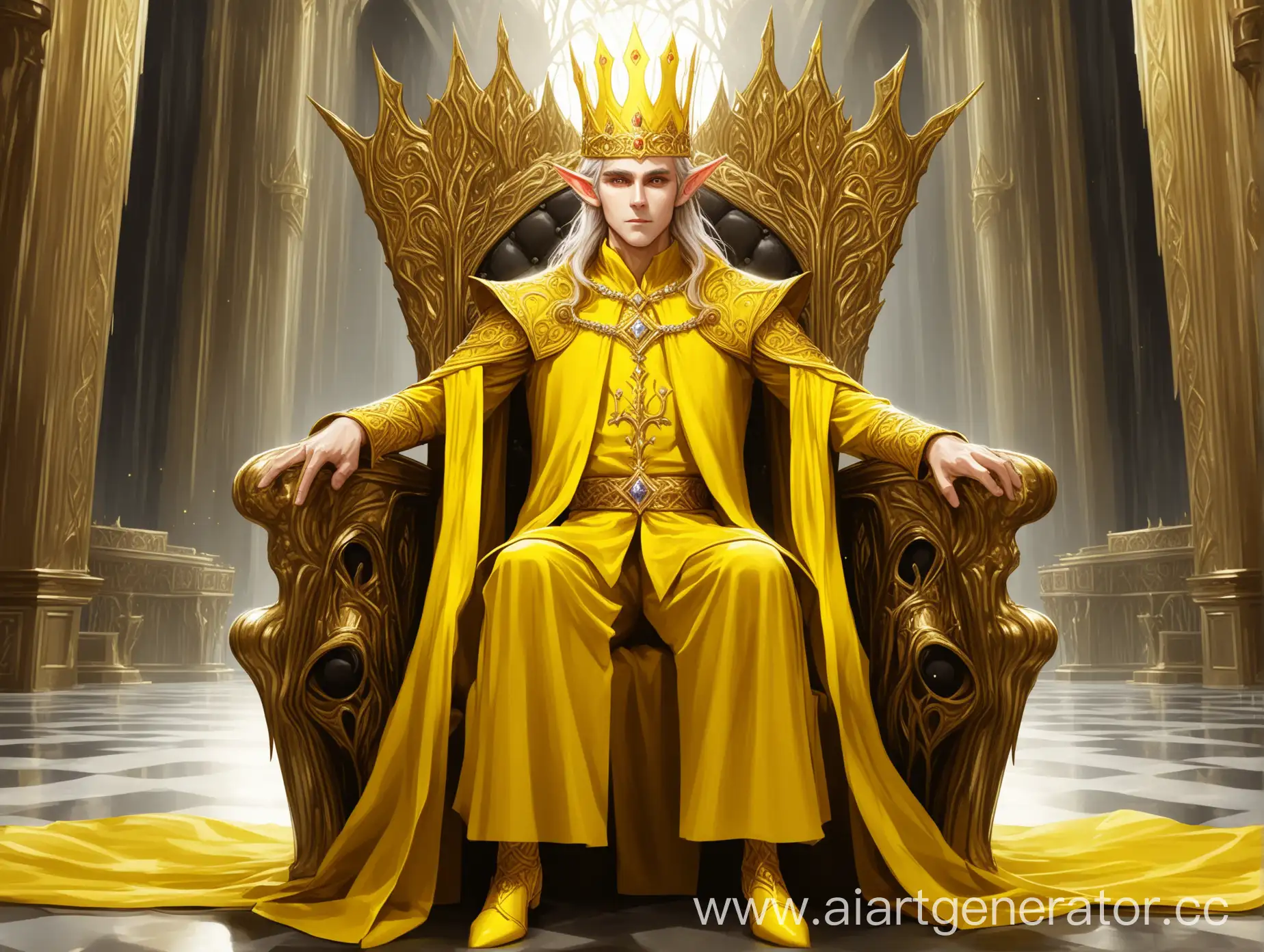 Luxurious-Elf-King-in-Bright-Yellow-Clothing-on-Throne