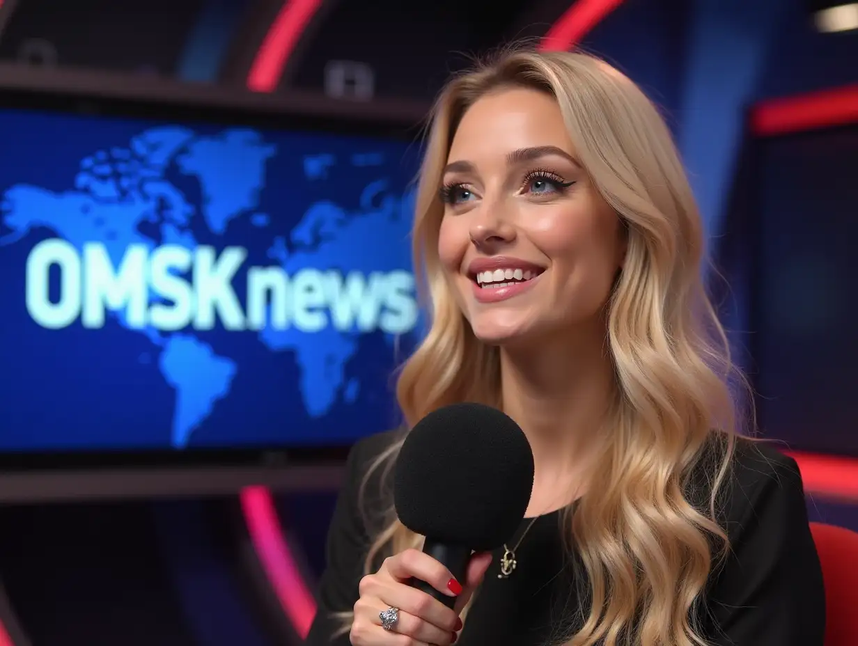 The image is of a young female journalist, with blonde wavy and long hair, blue eyes, a beautiful smile, dressed as an entertainment reporter, in a news studio designed like a podcast, with a color lighting of red,blue and white in any of its variants, microphone in her hands. She is made up and telling news and gossip of the show business and trending topics of the world. In the background you can see the phrase in large letters 'OMSK news'.