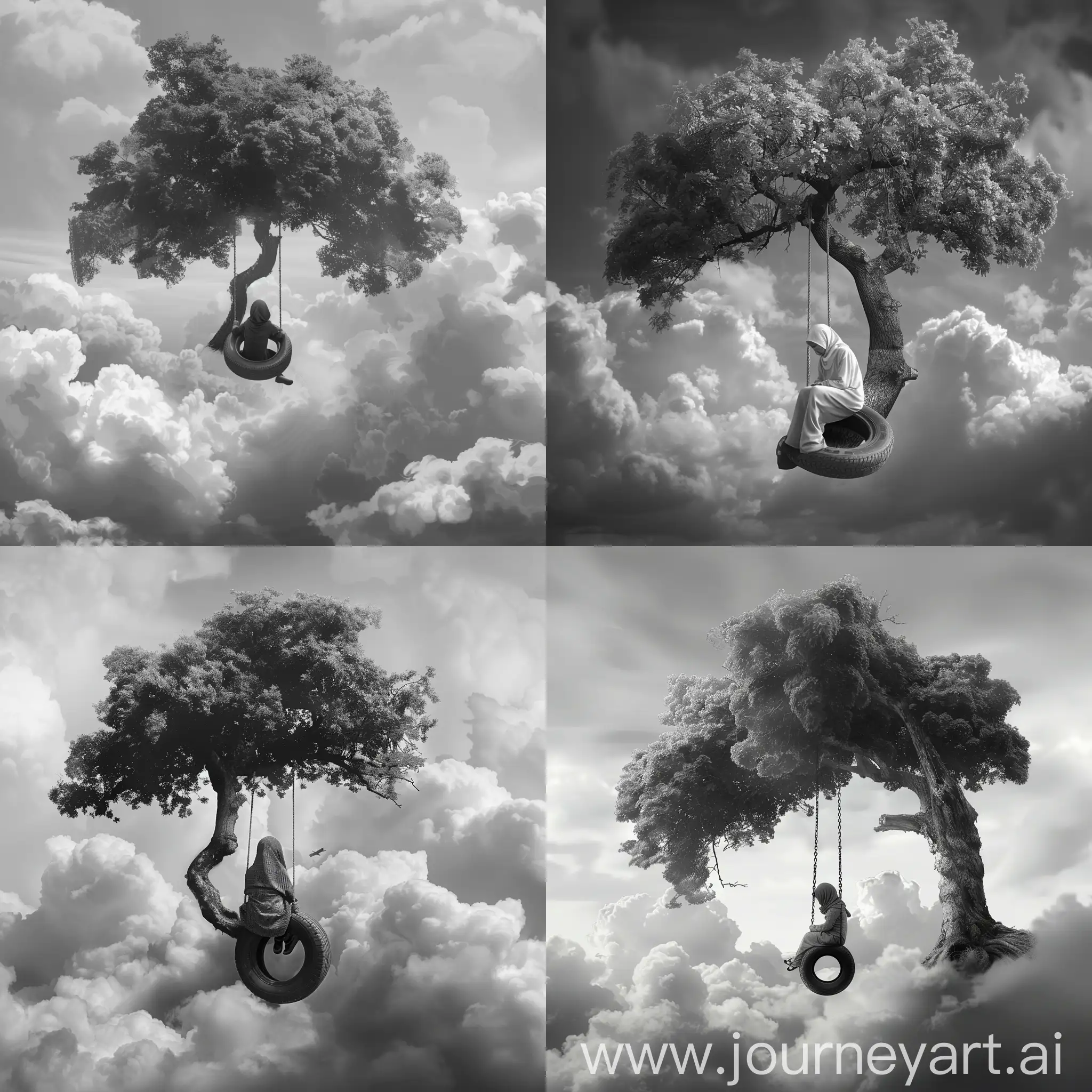 Sad-Little-Girl-on-Tire-Swing-Under-Oak-Tree-in-Cloudy-Weather