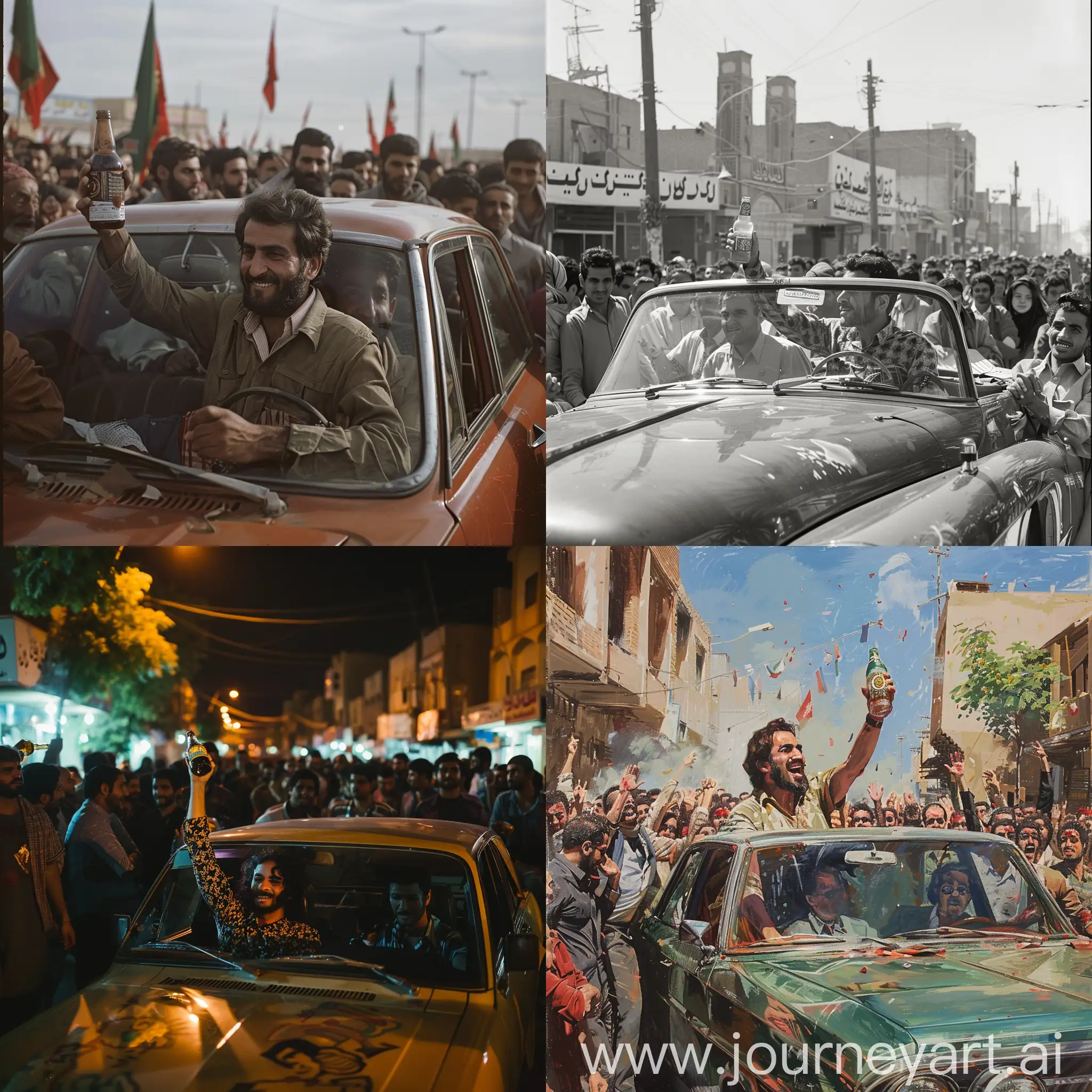 Person-Sitting-in-Car-Drinking-with-Cheering-Crowd-in-Yazd