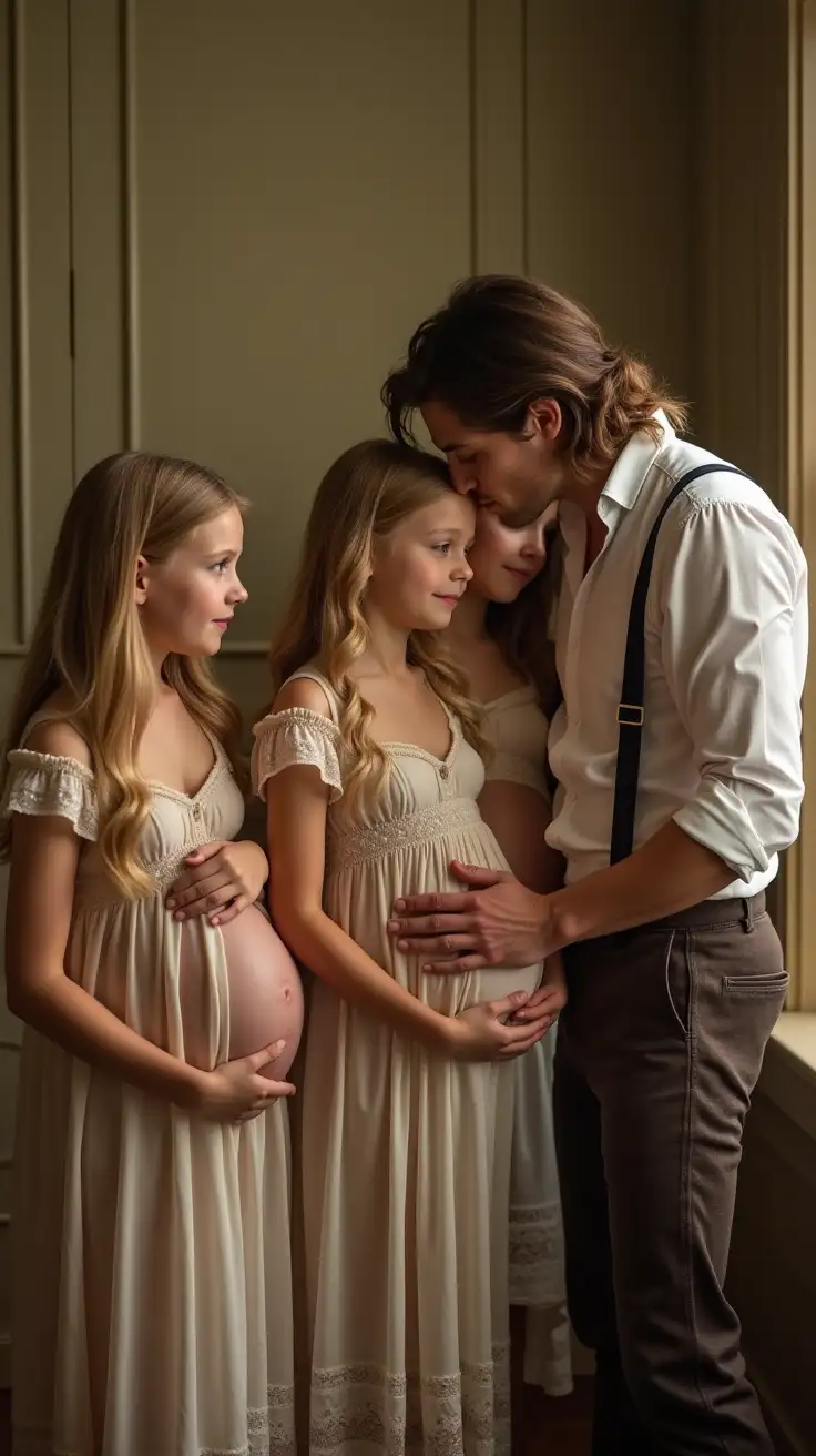 several petite young girls standing in a Victorian nursery waiting next to their beds for a kiss goodnight. each girl has long blond hair and is wearing a short sheer cotton nightgown with a low neckline covering a pregnant belly. each girl is holding an infant. a man wearing wool pants, white shirt and suspenders is kissing one of the girls on the forehead.